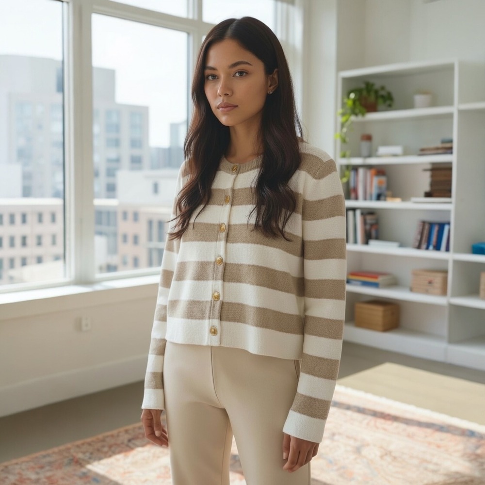 Hem & Thread Striped Button Cardigan Women's S Cream Tan Long‎ Sleeve